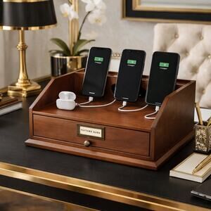 Pottery Barn Wooden Charging Station Desk Organizer Phone Dock Cord Organizer